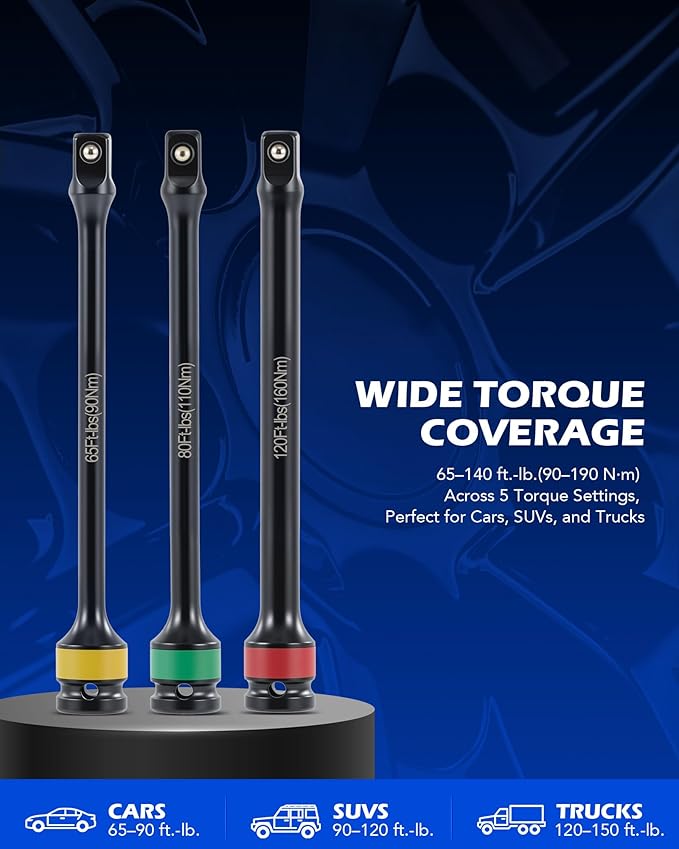 Orion Motor Tech Torque Extension, 5pcs 1/2" Drive Torque Limiting Extension Bar Set, 8 Inch Color Coded Laser Etched Torque Sticks 65-140 ft-lbs for Locking Lug Nuts