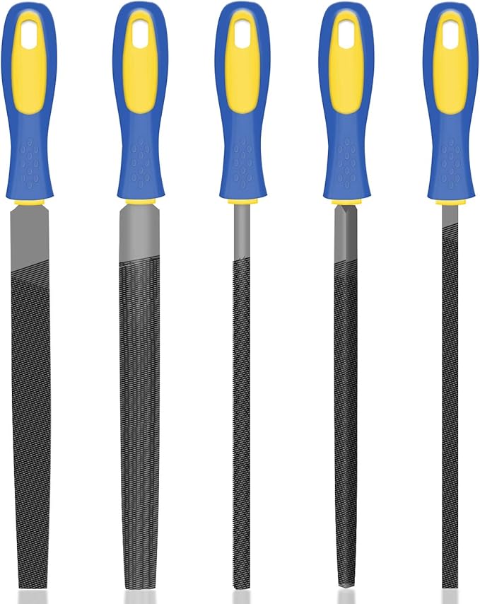 KALIM 5Pcs 8'' High Carbon Steel File, Rasp Set with Soft Rubber Non-slip Handle, Round/Half Round/Flat/Triangle/Squre, Grinding Hand Tool Set for Wood, Metal, Plastic, etc.