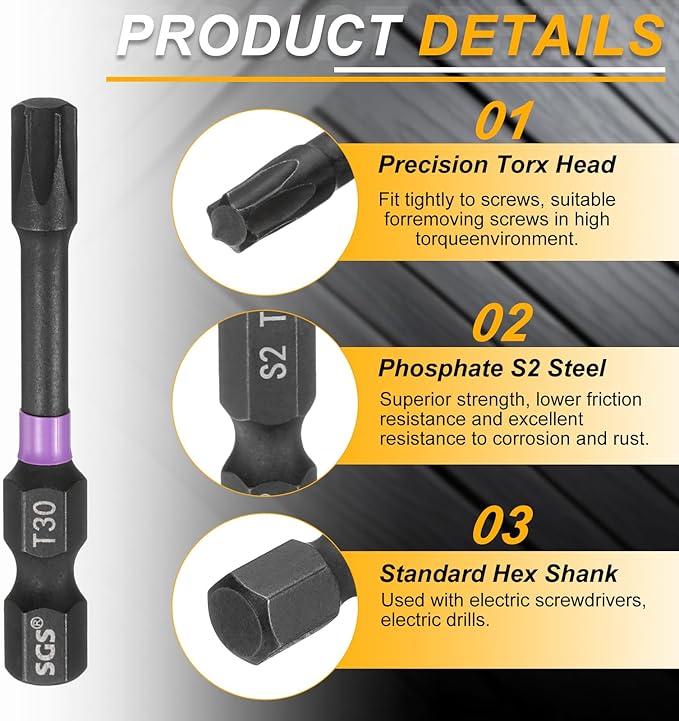 HARFINGTON 5pcs T30 Torx Head Impact Screwdriver Bits 1/4" Hex Shank 2" (50mm) Long Magnetic No Hole Tamper Proof 6 Point Star Screw Driver Drill Bits Phosphate S2 Steel Power Tools