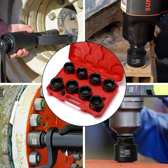 CASOMAN 9PCS 3/4" Drive Spindle Axle Nut Impact Socket Set, Include 1/2" to 3/4" Adapter, 6 Point, CR-MO, 2-1/16" to 2-1/2", Large Socket Set, Heavy Duty Use In Removing And Installing Axle Nuts
