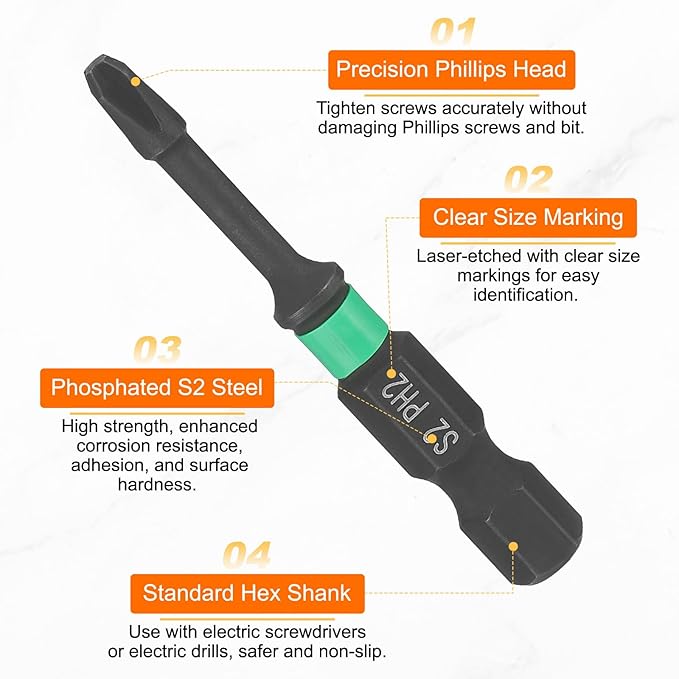HARFINGTON #2 Impact Phillips Screwdriver Bit PH2 1/4" Hex Shank 2" (50mm) Length 0.12" Rod Magnetic Cross Head Drill Bits S2 Steel Industrial Screw Drivers for Impact Power Tools