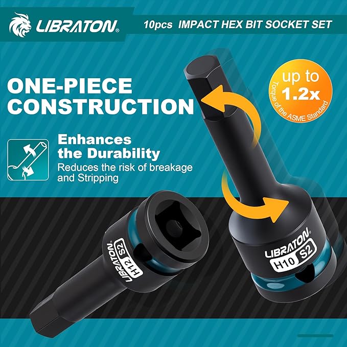 LIBRATON Impact Hex Bit Socket Set, 1/2" Dr, S2 Steel, 10PCS High Torque Sockets(Metric H5-H19) for Professional Mechanics & Automotive Repair (XPE Storage Case)