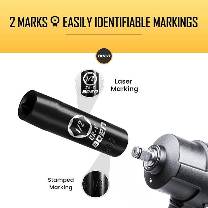 BOEN 1/2" Drive Deep Impact Socket,1/2 Inch Premium Socket,SAE,6 Point,Cr-V Steel with Laser Marking - Strong and Durable
