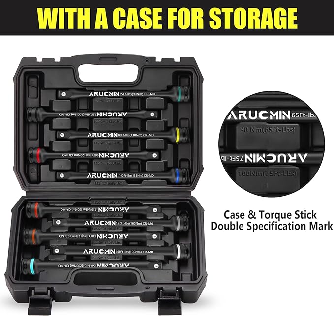 1/2" Drive Torque Limiting Extension Bar Set, 10-Piece Lug Nut Torque Stick Set With 8 Inch Color-Coded 65 to 150 Ft-Lbs Torque Sticks