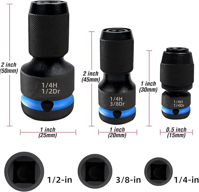 Gerywolf 3 pcs Impact Driver Bit Adapter Set, 1/2, 3/8, and 1/4" Female Drive to 1/4" Hex Socket Adapters, Impact Wrench Adapter for Ratchet Wrench Drives, Impact Bit Chuck, Quick-Change Chuck