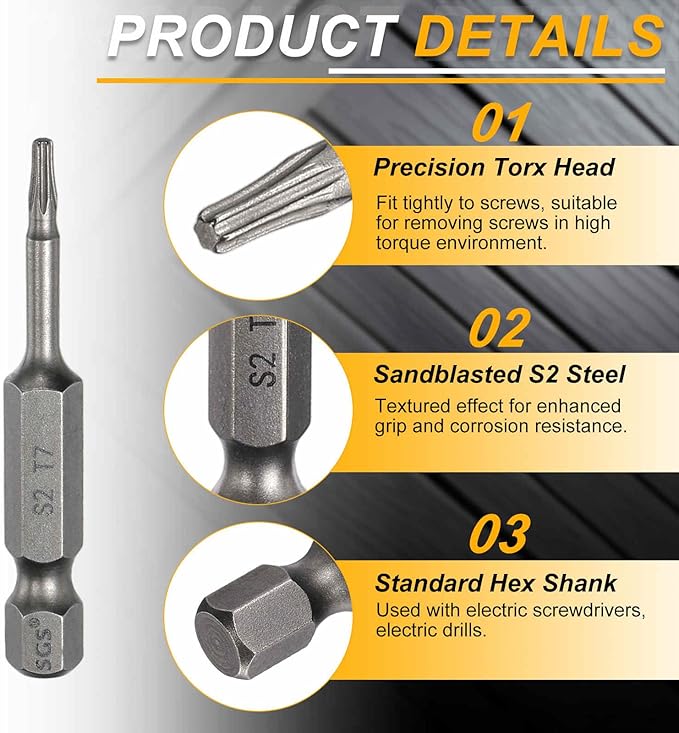 HARFINGTON 2pcs T7 Torx Head Screwdriver Bit 1/4" Hex Shank 2" (50mm) Long Magnetic No Hole Tip Tamper Proof 6 Point Star Screw Driver Drill Bits S2 Steel Industrial Power Screwdrivers