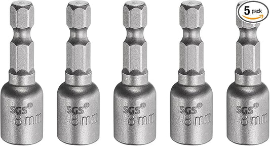 HARFINGTON 5pcs Nut Driver Drill Bit 8mm Metric Socket 1/4" Hex Shank 1.65" (42mm) Long Magnetic 6-Point Sockets Quick Change CR-V Steel Bolt Setters for Power Drill Drivers