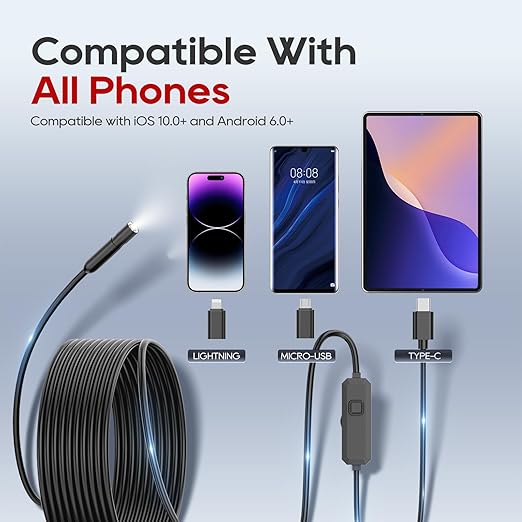 TOPDC Endoscope Camera with Light, 1920P HD Scope Camera, 8 LED Adjustable Inspection Borescope for Android and iOS, 16.4ft Semi-Rigid Snake Cable, IP67 Waterproof