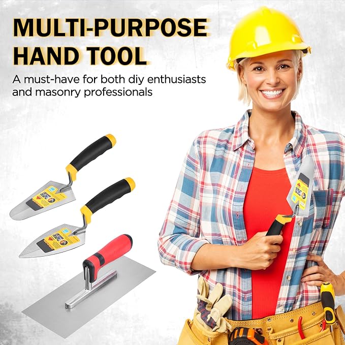3 Pcs Masonry Tool Set, 6" Pointing Trowel & 11"x4" Carbon Steel Flat Finishing Trowel with Soft Grip Handles Concrete Drywall Tile and Plastering Tools for Contractors DIY