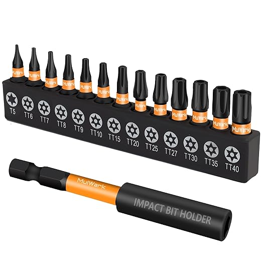 MulWark 14-Piece Security Torx Bit Set ??T5-T40 Star Bits Set, 1'' S2 Steel Tamper-Resistant Bits with Magnetic Bit Holder, 1/4" Hex Shank ??Christmas Gift, Holiday Tool Set, Xmas Stocking Stuffer