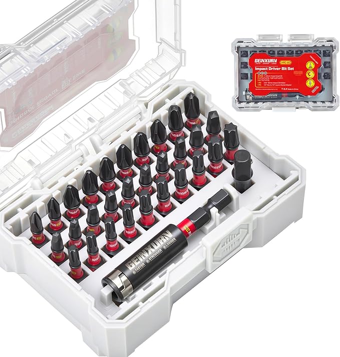 32Pieces Impact Screwdriver Bits Set, S2 Steel Magnetic Phillips/Square/Torx Muliti Insert Bits Tips Set with Impact Bit Holder and 1/4?쒾ocket Adapter(Beige Storage Box Case)