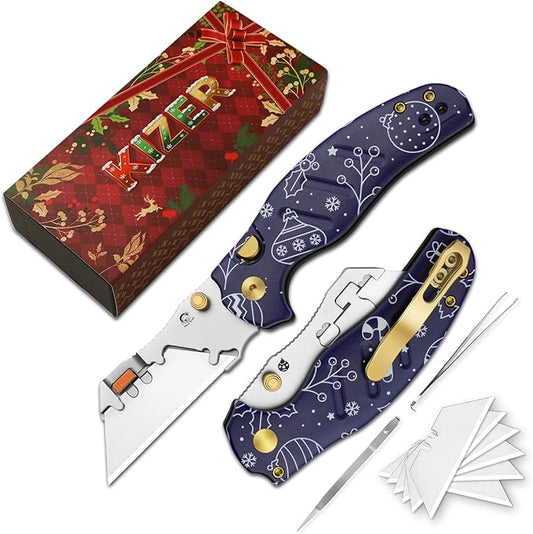 Kizer C01C 2.9(Tool-Free Version) Utility Knife, Quick Change Box Cutter EDC Pocket Knife with 5PCS Razor Blades, Button Liner Lock Blue G10 Handle Folding Knives with Integrated Tools, V3488.29JMC2