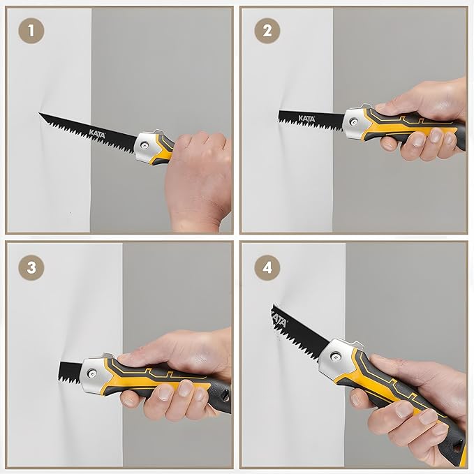 KATA Folding Jab Drywall Saw - Compact Hand Saw, Keyhole Sheetrock Opener with Soft Handle, 7TPI Triple Teeth 65Mn Steel Sharp Blade Hacksaw with Canvas Bag for Wallboard, Plywood, PVC Cutting