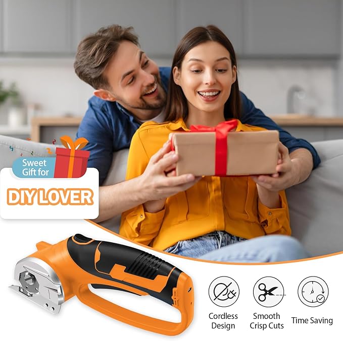 Cordless Electric Scissors, 4V Rechargeable Box Cutter & Cardboard Cutter with Titanium Blade, LED Light, Safety Lock - Rotary Cutter for Fabric, Leather, Carpet, Plastic, Crafting, Sewing(Orange)
