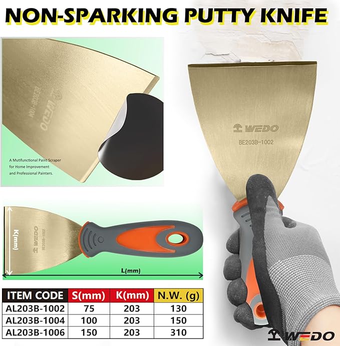WEDO Non-Sparking Putty Knife Scraper with Fiberglass Handle,Blade 150mm(6"),Spark-free Safety Paint Scraper,Aluminum Bronze,Corrosion-Resistance,Paint Scraper,BAM & FM Certificate