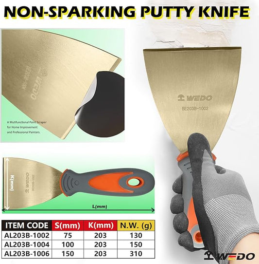 WEDO Non-Sparking Putty Knife Scraper with Fiberglass Handle,Blade 150mm(6"),Spark-free Safety Paint Scraper,Aluminum Bronze,Corrosion-Resistance,Paint Scraper,BAM & FM Certificate