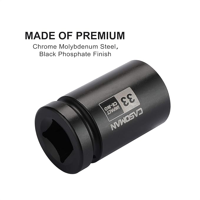 CASOMAN 1-Inch Drive x 33 mm Deep 6 PT Impact Socket, Metric, CR-MO, 1" Drive 6 Point Axle Nut Socket for Easy Removal of Axle Shaft Nuts (33MM)