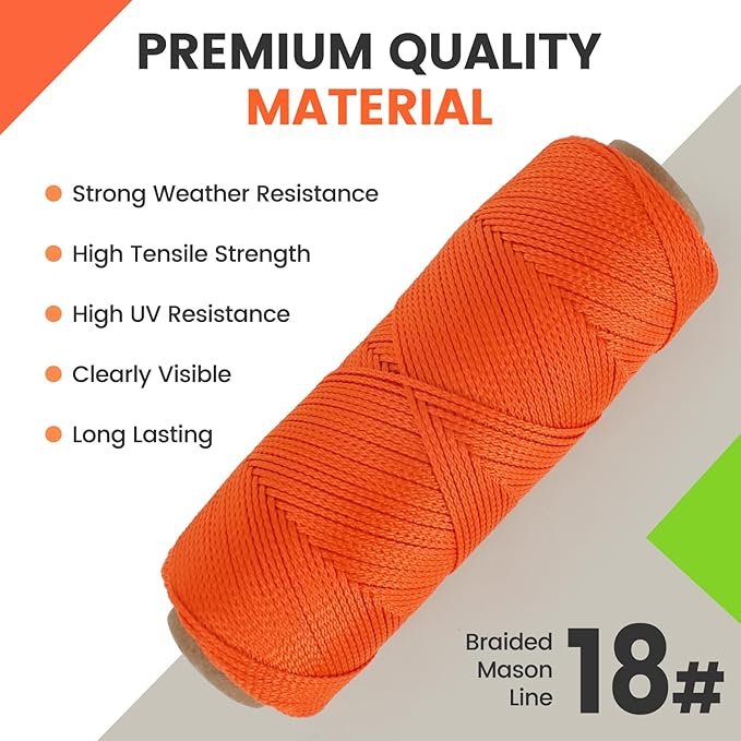 MERIANE Mason Line String Line Nylon Twine, 6 Rolls 500FT 18# Braided Twine String for Masonry Job, Level Lines in Construction, Gardening, Fluorescent Orange