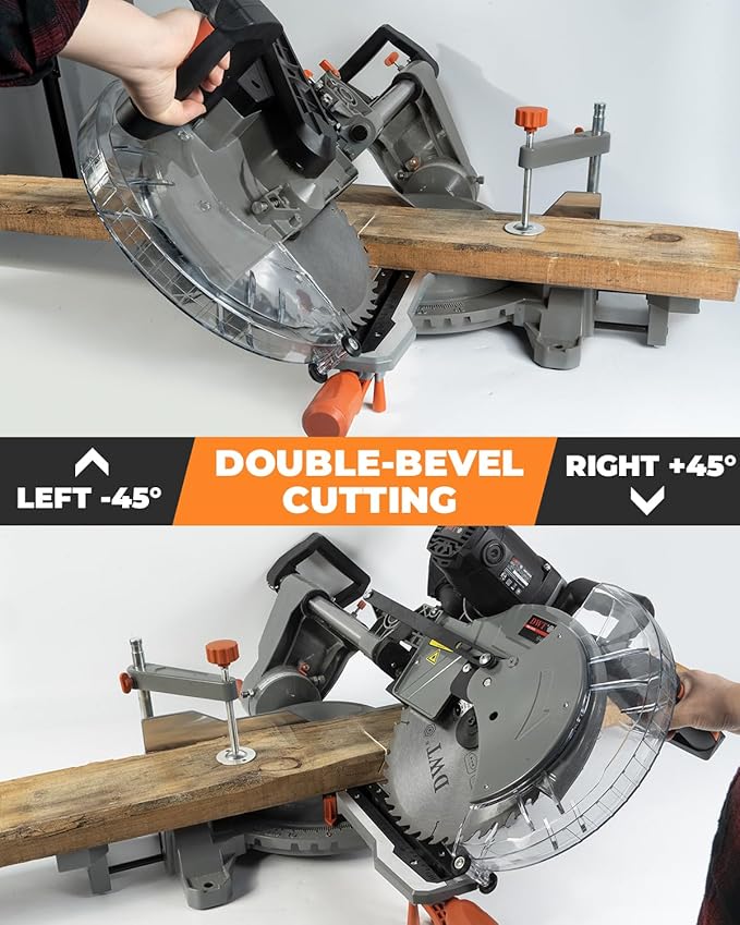 DWT 12-inch Compound Miter Saw with Double Bevel Cutting (-45/0/+45), Laser Guide, 9 Positive Stops, 3800RPM, 15Amp Miter Saw with Extension Table, 4.2x13in Cutting Capacity