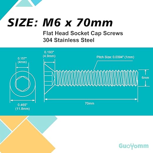 M6-1.0 x 70mm 10PCS Flat Head Hex Socket Cap Screws, Countersunk Bolts, Stainless Steel 304, Metric Allen Drive, Fully Threaded, Bright Finish