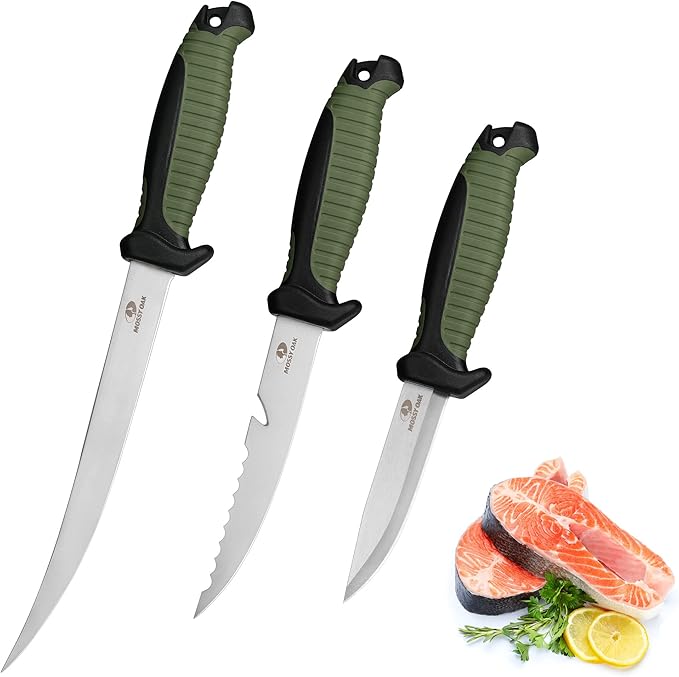 Mossy Oak 3-Piece Fishing Fillet Knife Set with Protective Sheath, Stainless Steel Filet Knives with Non-Slip Handle, Bait Knife for Filleting and Boning (Military Green)