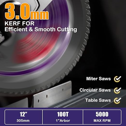 12" 100T Aluminum Circular Saw Blade, Table Miter Saw Blade with Tungsten Carbide Tipped, Cutting Blade for Non-Ferrous Metal, Copper, Polycarbonate, Drywall, MDF, Plastic, 1" 1PC