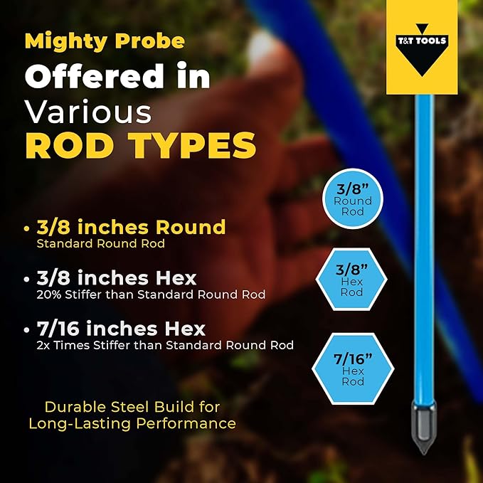 T&T Tools 48-Inch Mighty Probe Insulated Metal Soil Probe ??3/8" Metal Round Rod, Heavy Duty Design for Easy Penetration & Withdrawal, Soil Testing & Landscaping Tools, T-Handle, USA-Made-4 Pack