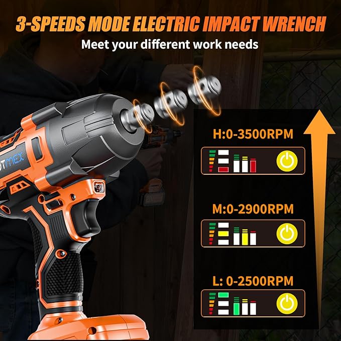 Cordless Impact Wrench, 900Ft-lbs (1200N.m) 1/2" Brushless Impact Gun, 21V High Torque Power Impact Driver, 2x4.0Ah Batteries Electric Impact Motor Variable Speeds for Car/Pickup Truck/Mower