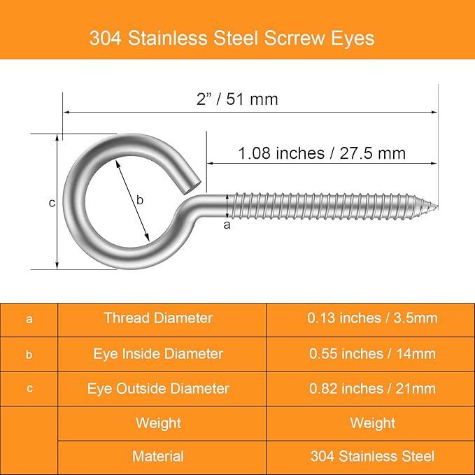 20pcs 2??304 Stainless Screw Eyes Small Eyelet Screws Lag Eyebolt Steel Heavy Duty Hook Duty Lag Thread Eyebolt (20 pcs 2")