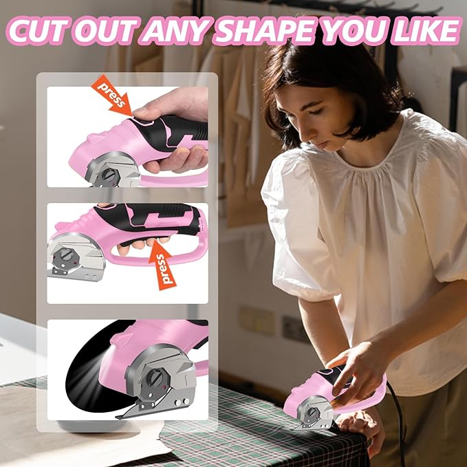 Cordless Electric Scissors, 4V Rechargeable Box Cutter & Cardboard Cutter with LED Light, Safety Lock - Rotary Cutter for Fabric, Leather, Carpet, Plastic, Crafting, Sewing with Storage Box (Pink)