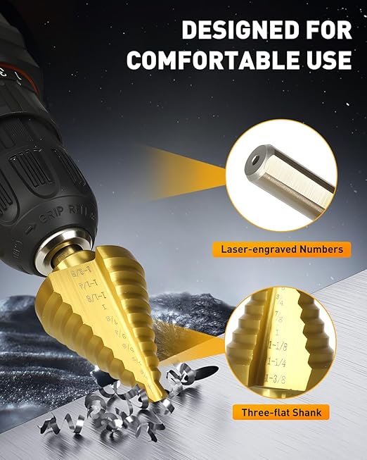 COMOWARE Step Drill Bit for Metal, Titanium Coated, Double Cutting Blades, High Speed Steel, Short Length Drill Bit, Total 10 Sizes from 1/4??to 1-3/8", for Steel Sheets Aluminum Copper Plastic Wood