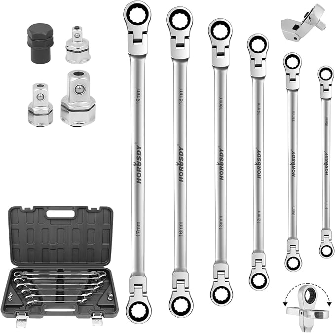 HORUSDY 10-Piece Extra Long Flex-Head Ratcheting Wrench Set - Chrome Vanadium Steel With Metric 8mm - 19mm,With 1/4",3/8",1/2" Socket Drive Adapter