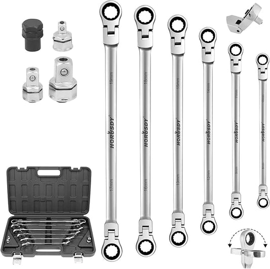 HORUSDY 10-Piece Extra Long Flex-Head Ratcheting Wrench Set - Chrome Vanadium Steel With Metric 8mm - 19mm,With 1/4",3/8",1/2" Socket Drive Adapter