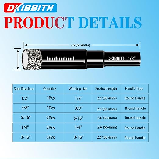 8 Pack Diamond Drill Bits Set for Granite Ceramic Marble Tile Stone Glass Hard Materials, Integrated Coolant for Fast Dry Drilling, Size 3/16 1/4 5/16 3/8 1/2 inch Masonry Core Drill Bits, Round Shank