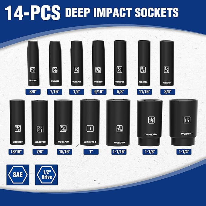 WORKPRO 14-Piece 1/2竊?Drive Deep Impact Socket Set, 6-Point Impact Deep Socket Set with Heavy Duty Storage Case for Automotive and Mechanical Repairs, 3/8"-1-1/4", Cr-V Steel, SAE