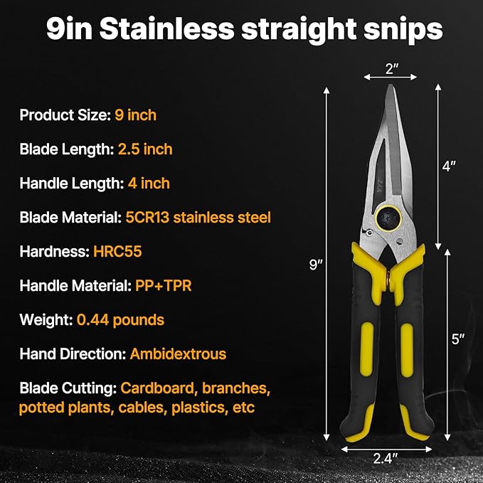 Heavy Duty Scissors 9 Inch Aviation Tin Snips, Straight Metal Cutter with Stainless Steel Blade & Comfort Grips, Multifunction Cutting of Branches, Cable Wires, Cardboard
