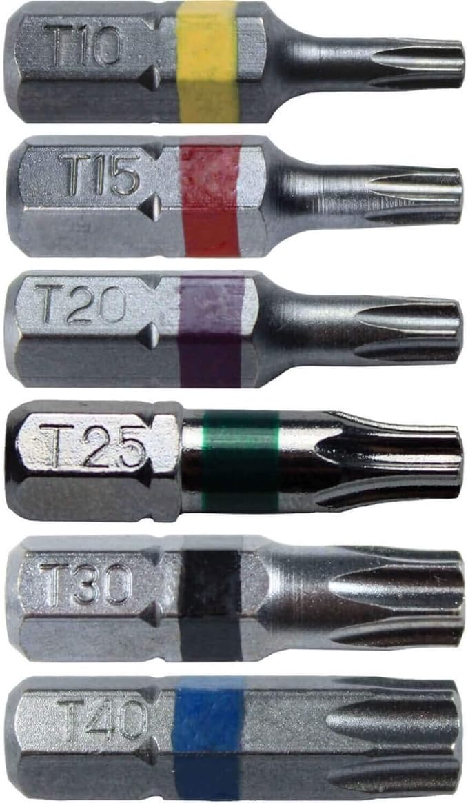 Torx/Star Drive 6 Piece Bit Set 1" (Color Coded) Includes T-10, T-15, T-20, T-25, T-30, T-40 Torx/Star Screw Driver Bits