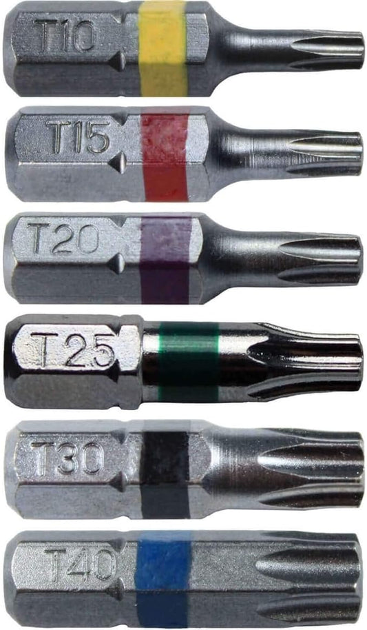 Torx/Star Drive 6 Piece Bit Set 1" (Color Coded) Includes T-10, T-15, T-20, T-25, T-30, T-40 Torx/Star Screw Driver Bits