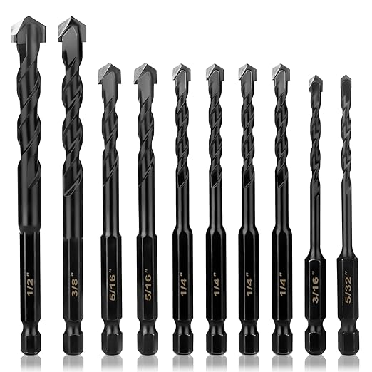 10Pcs Masonry Drill Bits Kit for Concrete, Stone, Carbide Drill Bit Set for Glass, Brick, Tile, Plastic, Ceramic and Wood Size 5/32 to 1/2 inch