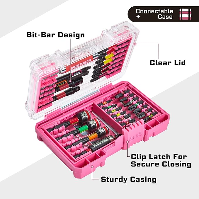 31Pieces Impact Screwdriver Bits Set, Magnetic S2 Steel 1??2??3??Phillips/Square/Torx Bits Tips,Impact Bit Holder and Nut Driver with Pink Storage Box Case