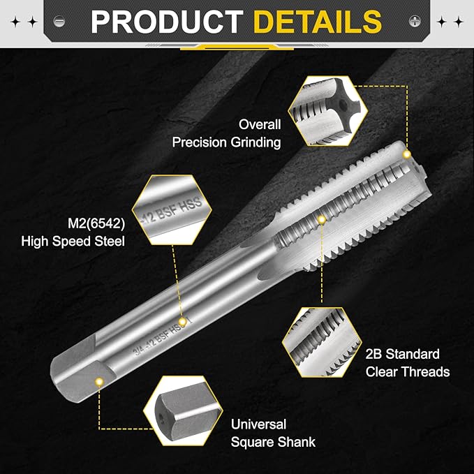 uxcell Hand Taper Tap 3/4"-12 BSF Thread Taper Style Taps Straight Flute Screw Tapping Threading Tool High Speed Steel HSS6542