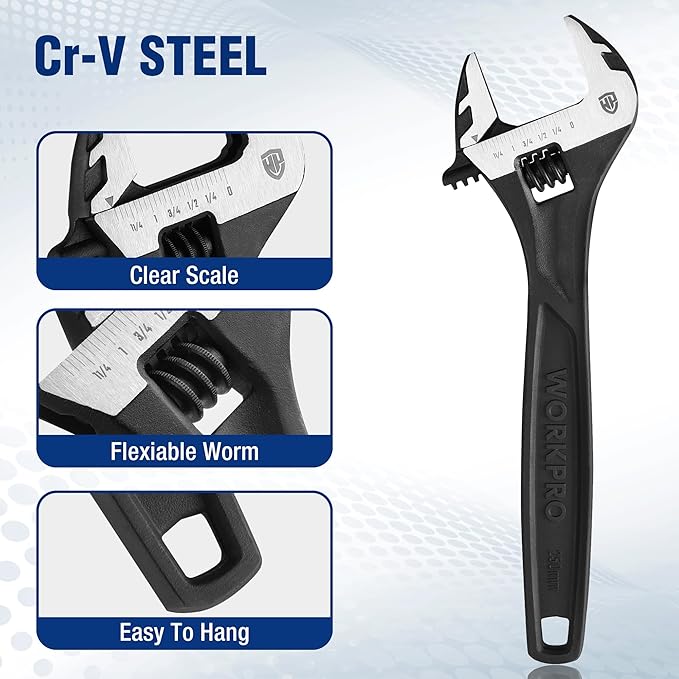 WORKPRO 10" Adjustable Wrench, Black Oxide Wrench 10 Inch with Inch/Metric Scale, Premium Cr-V Steel