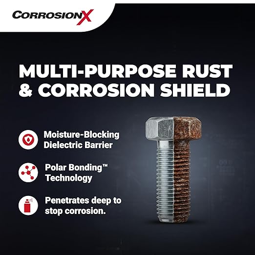 CorrosionX Rust Inhibitor, Industrial-Strength Dielectric Corrosion Prevention, Lubricant & Penetrant for Marine, Automotive, Electronics & RV Use, Protects Bolts, Cables, Engines, Parts, 6oz Aerosol