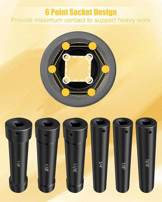 1/2 Inch Drive Extended Length Impact Socket, Extended Deep Sockets Hex Sizes 3/4in 7/8in 15/16in 1-1/16in 1-1/8in 1-1/4in Impact Set Heavy Duty with Case, 6PCS