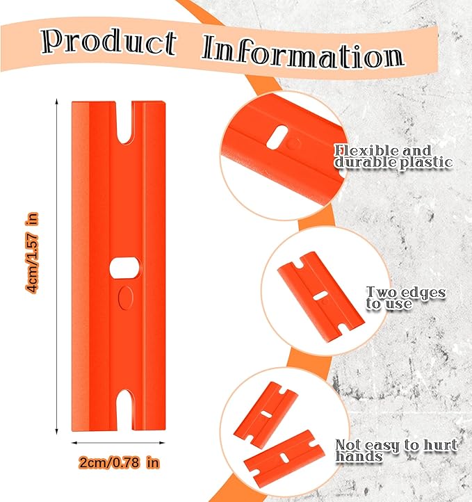 Honoson 600 Pieces Plastic Razor Blade Scraper Blades Plastic Scraper Tools Double Edge Razor Blades with a Tip Slot Edge Blades for Removing Decals, Stickers, Cleaning Window Glass (Orange)