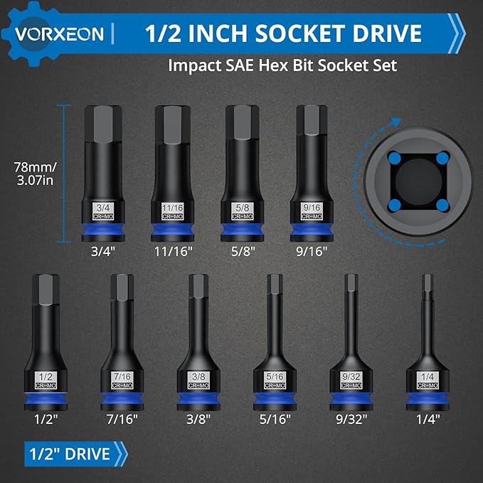 10 PCS 1/2" Drive SAE Impact Allen Hex Bit Socket Set 42CRMO with Storage Case 1/4” 9/32” 5/16” 3/8” 7/16” 1/2” 9/16” 5/8” 11/16” 3/4”