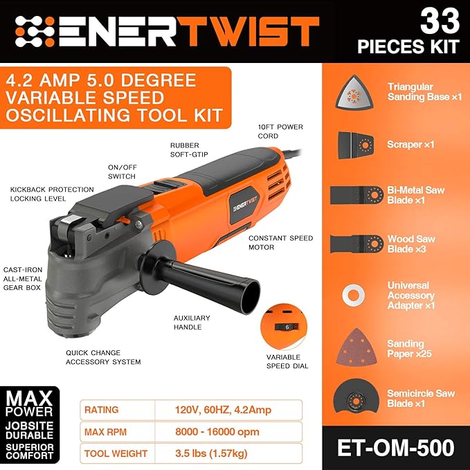 ENERTWIST Oscillating Tool, 4.2 Amp Oscillating Multitool Kit with 5째 Oscillation Angle, 6 Variable Speed, 31pcs Saw Accessories, Auxiliary Handle and Carrying Bag, ET-OM-500