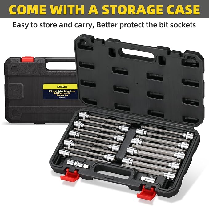3/8 Inch Drive Extra Long Hex Bit Socket Set, 20-Piece Ball End Allen Socket Set With SAE and Metric 1/8 Inch to 3/8 Inch & 3mm to 10mm, CR-V and S2 Steel