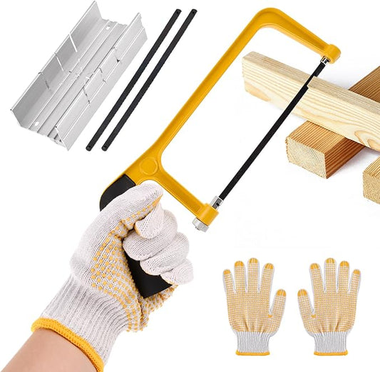 Mini Metal Mitre Box and Saw Set, 6 Inch Extra Fine Cut Hand Saw with 2 Hacksaw Replacement Blades & Gloves for Crafts, Hobby Projects, Cutting Wood, Soft Metal(COLOR:Yellow)