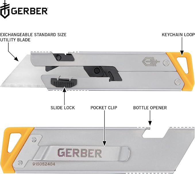 Gerber Gear EAB Utility Knife, Clips to Pocket or Keychain with Replaceable Razor Blade for Everyday Carry, EDC Gear with Box Cutter Retractable, Slim Silver